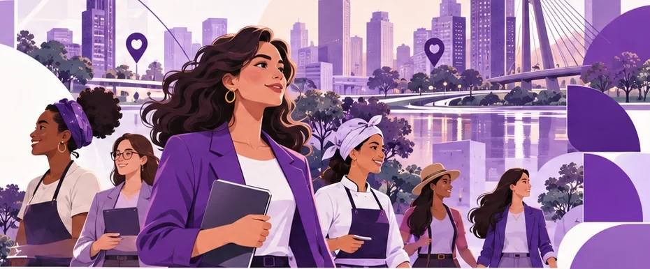 Ilustração de mulheres de diferentes profissões reunidas em uma cidade lilás